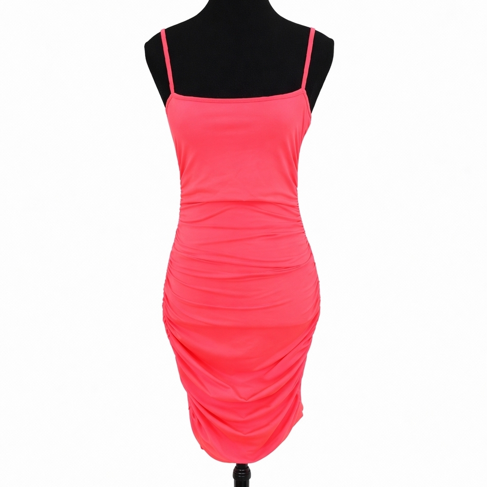 Neon Pink Ruched Bodycon Midi Dress